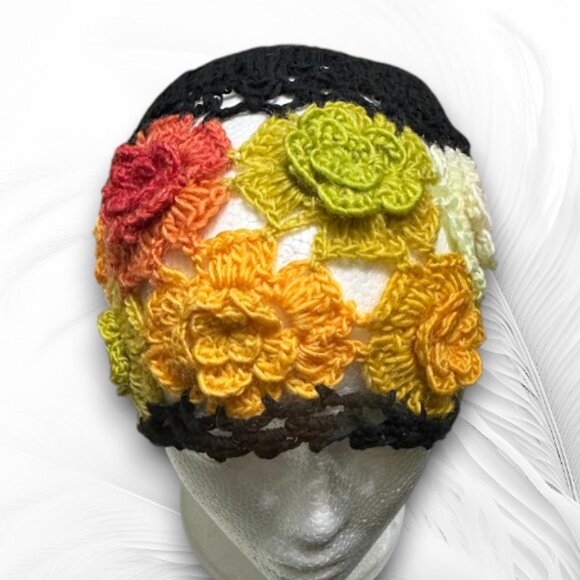 Handmade Crochet Flower Beanie – Colorful Boho Knit Hat, Retro 70s Style - Picture 2 of 8